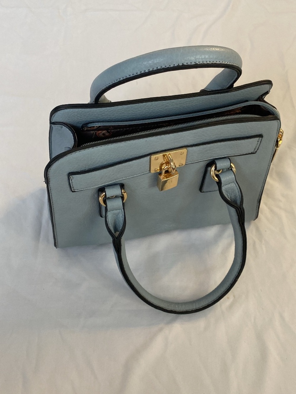 Elegant Powder Blue Structured Top-Handle Satchel with Gold Hardware